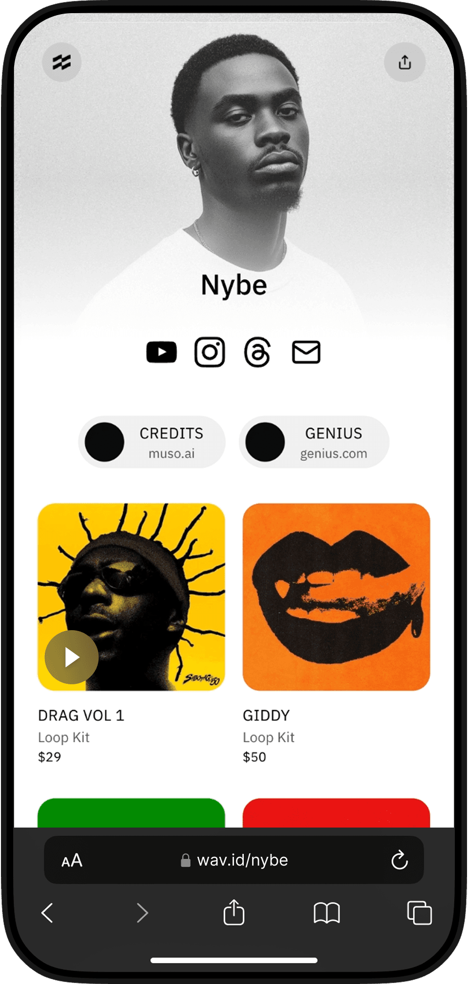 A phone displaying an example SoundPage storefront